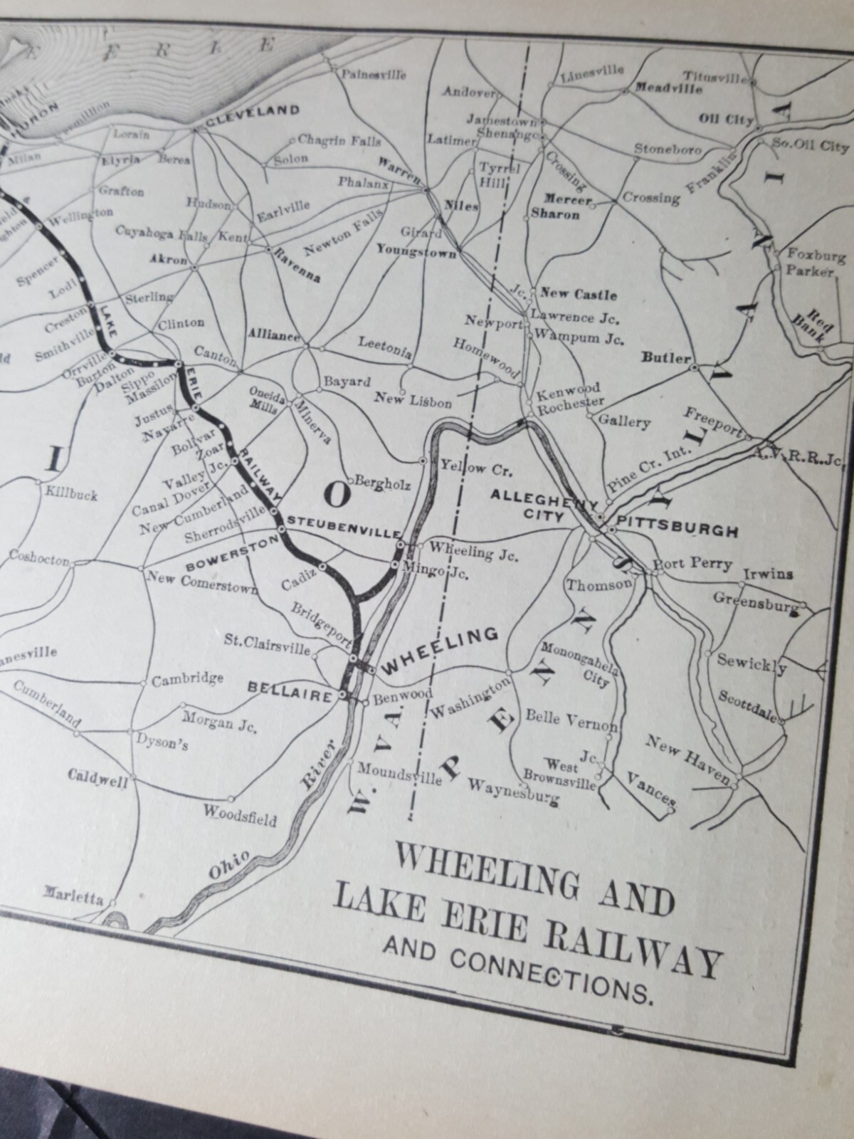 ◇ 1896 original train route map WHEELING & LAKE ERIE RAILWAY Clyde Lodi Cadiz OH