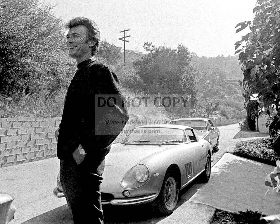 CLINT EASTWOOD STANDING IN FRONT OF HIS 1967 FERRARI 275 GTB 8X10 PHOTO (AA-539)