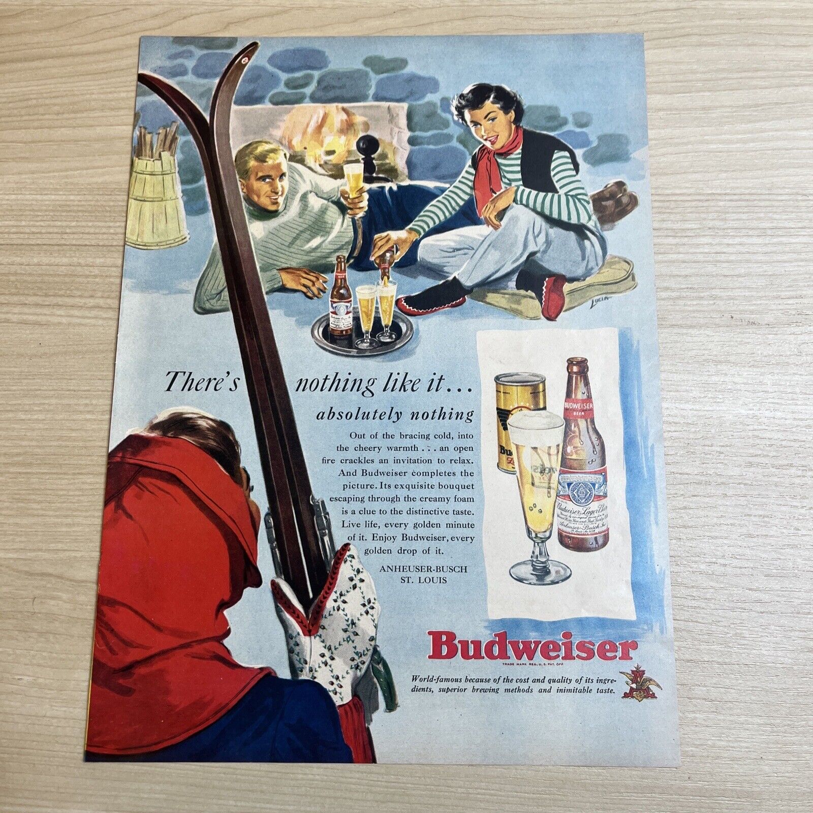 Budweiser Anheuser Busch Skiing Winter1949 Vintage Print Ad Life Magazine