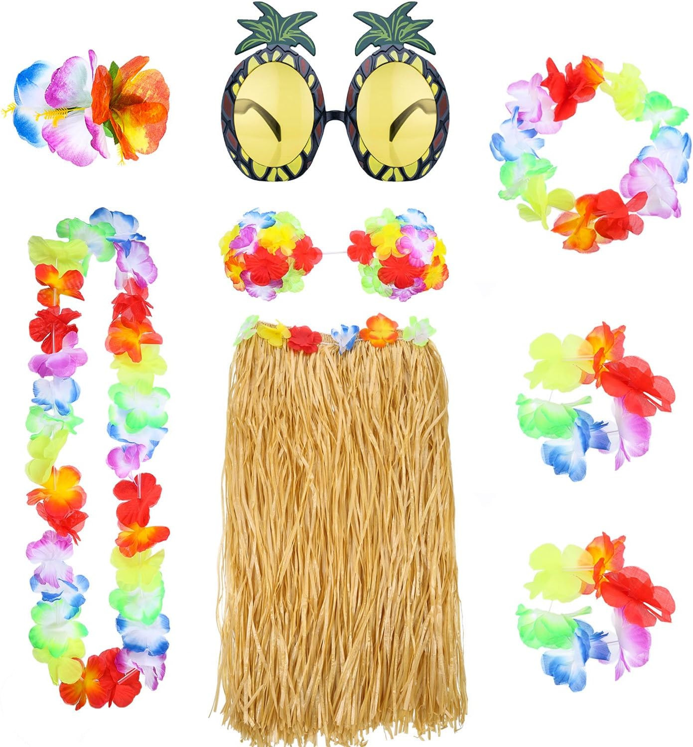 8 Pcs Hawaiian Hula Grass Skirt with Pineapple Sunglasses Flower Bikini Top Acce