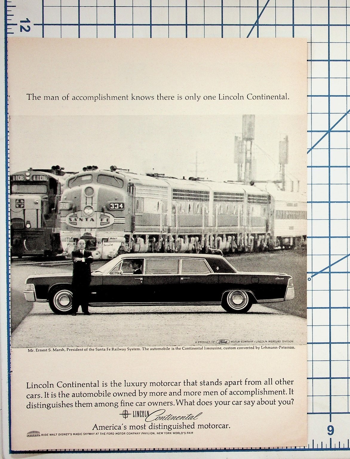 1960s Lincoln Continental Limousine Car Ad Santa Fe Railway World's Fair