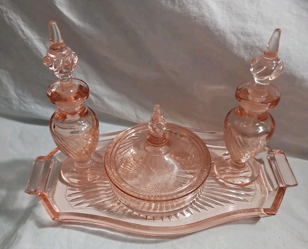 Vintage Tiffin Depression Glass Milady Pink Vanity Set Bottles Powder Dish Tray Vintage Tiffin Depression Glass Milady Pink Vanity Set Bottles Powder Dish Tray