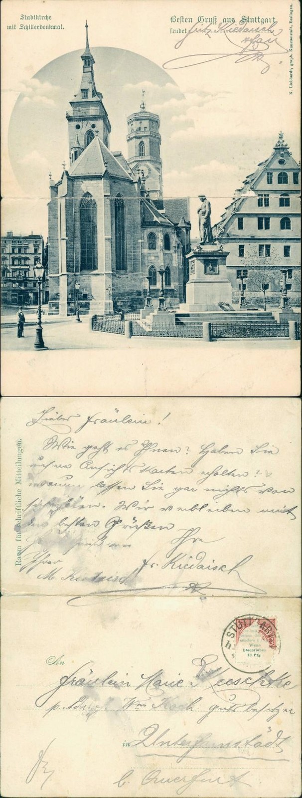 Postcard Stuttgart hinged card city church street 1898