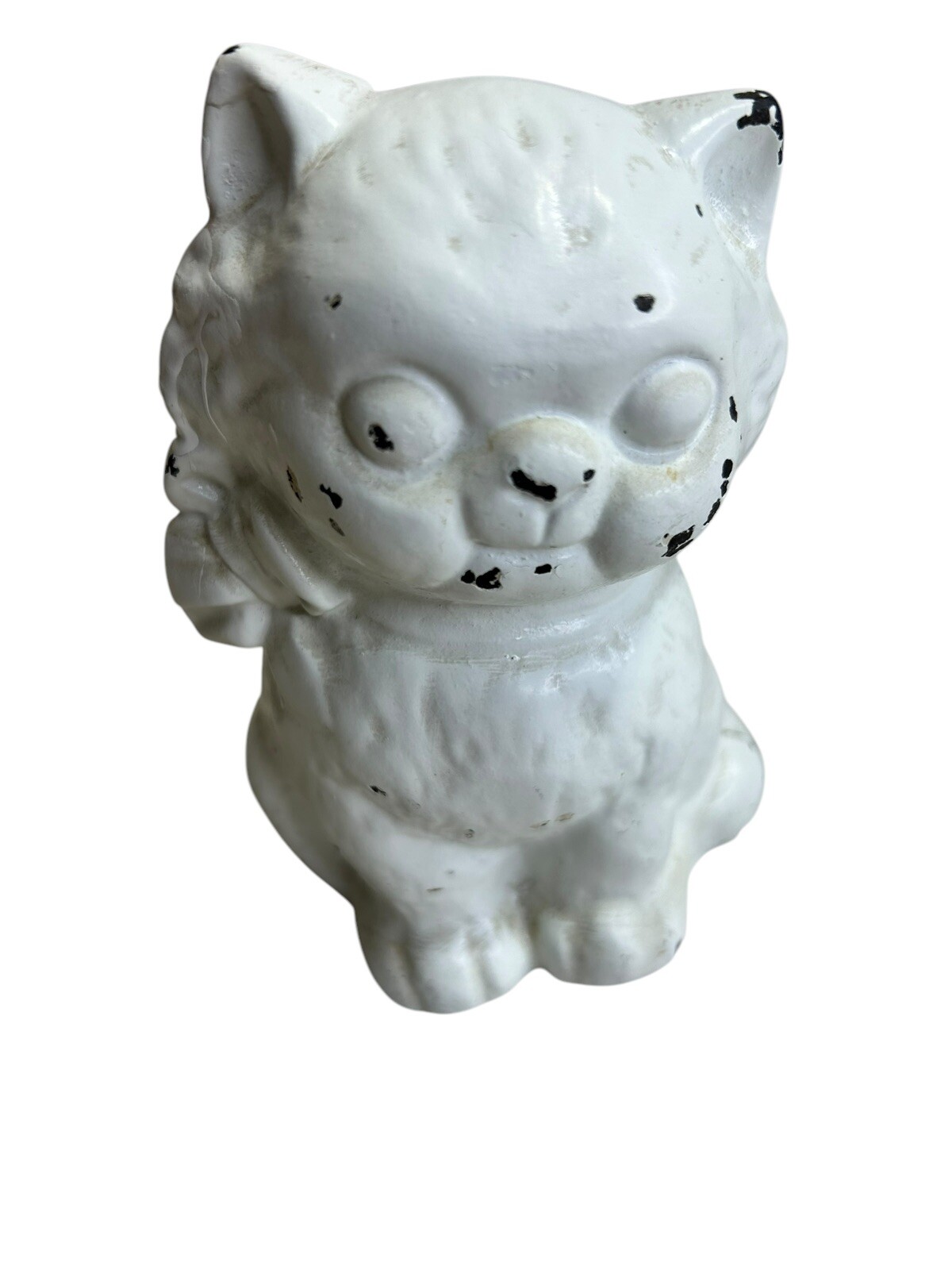 Hubley Antique Cast Iron Bank Kitty Cat Bowtie Collar White Paint Chippy 5\