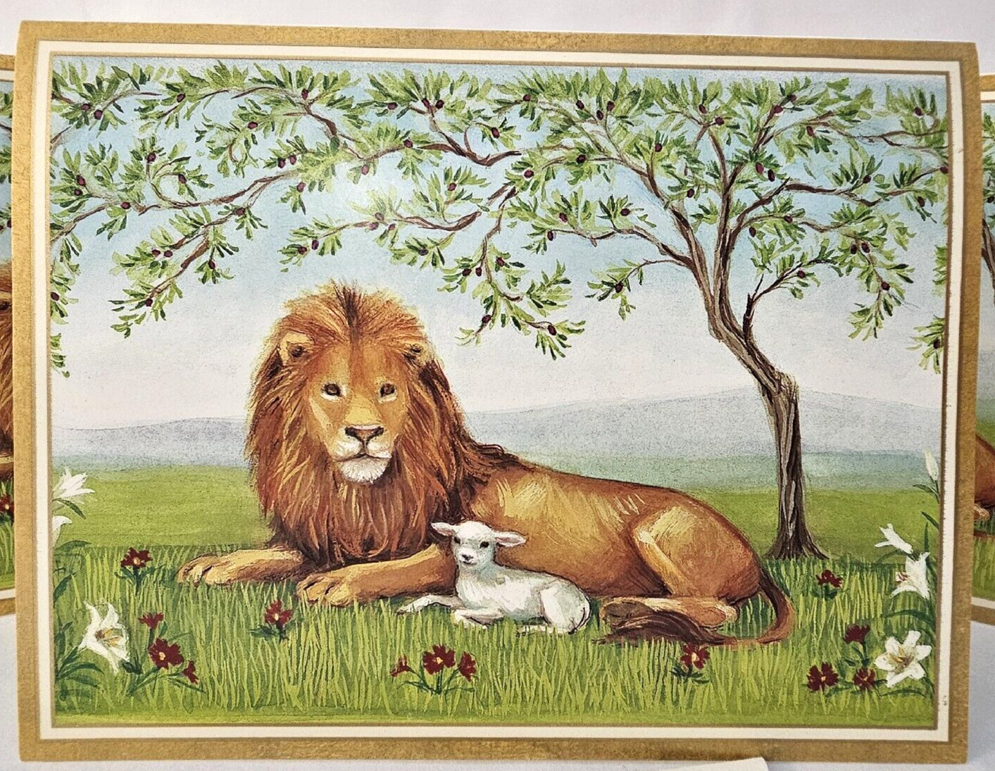 3 Vtg CASPARI Lion & Lamb Tree Gold Greeting Cards w/Envelopes Original Box NEW