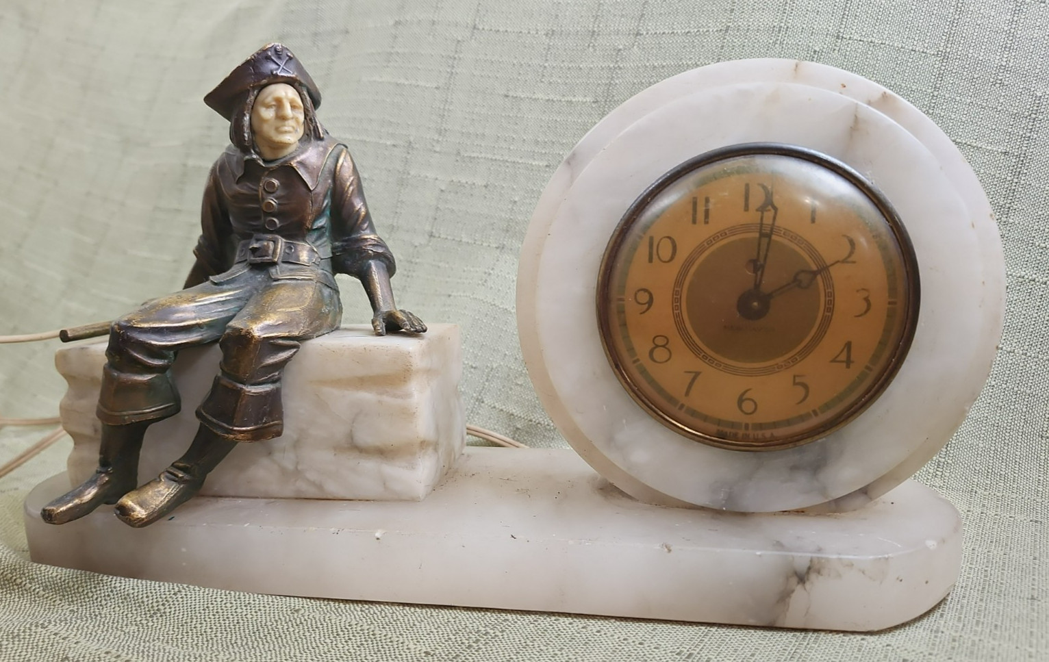 Vtg JB Hirsch Sitting Pirate Figurine Art Deco Marble Mantel Clock - UNTESTED