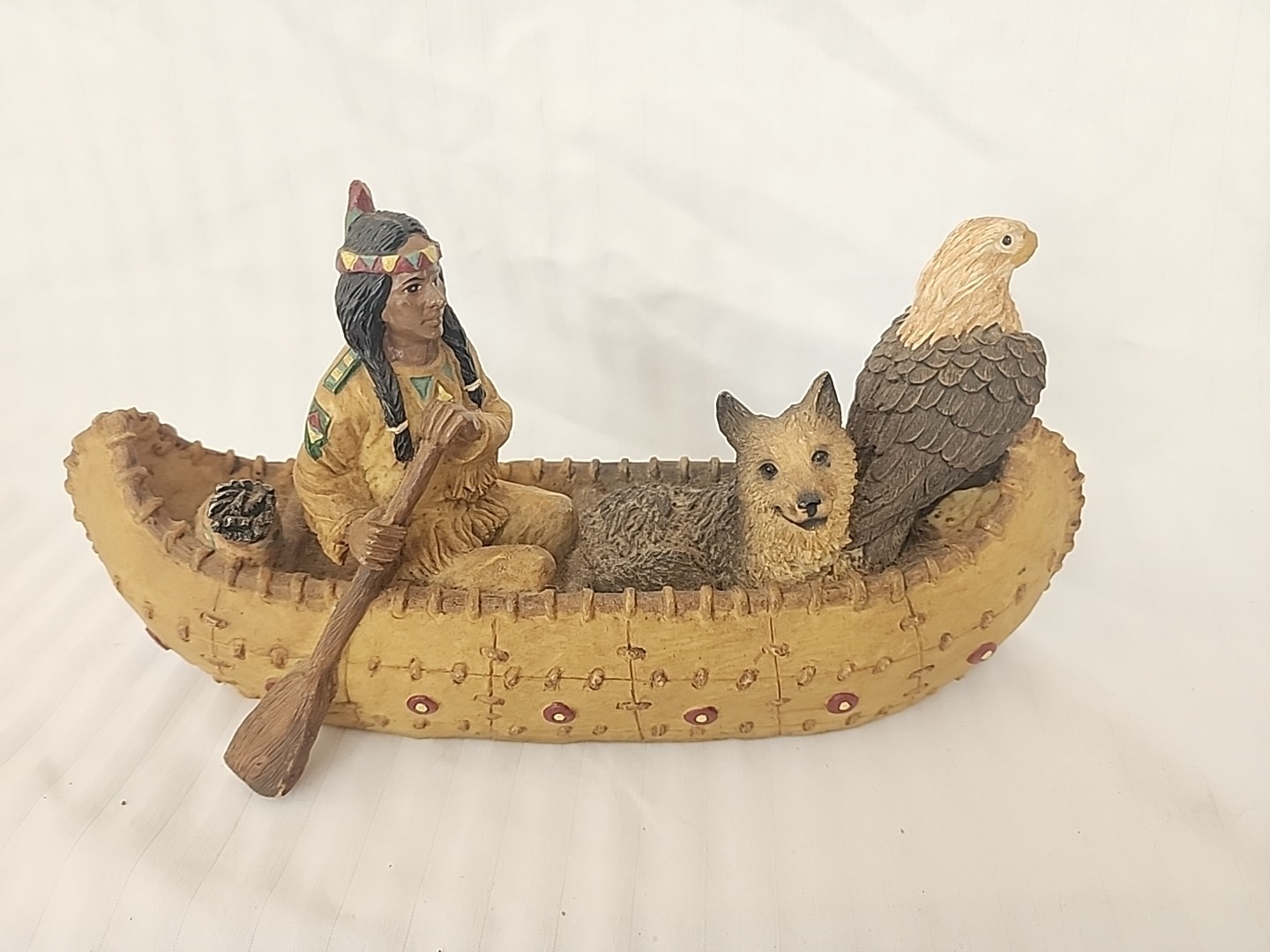 Vintage Native American Wolf And Bald Eagle In A Canoe By Youngs Resin