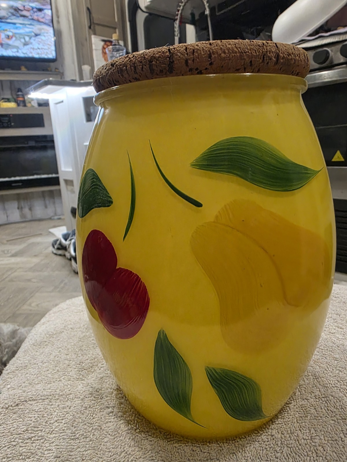 Vintage Bartlett Collins Yellow Glass FRUIT Cookie Canister Jar Cork LID