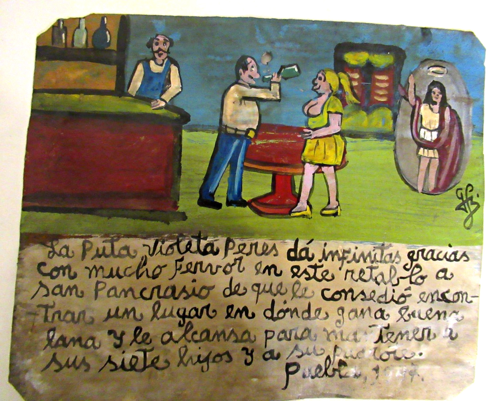 VTG 1947 HP MEXICAN TIN RETABLO SAN PANCRACIO HELP PROSTITUTE EARN & FEED FAMILY