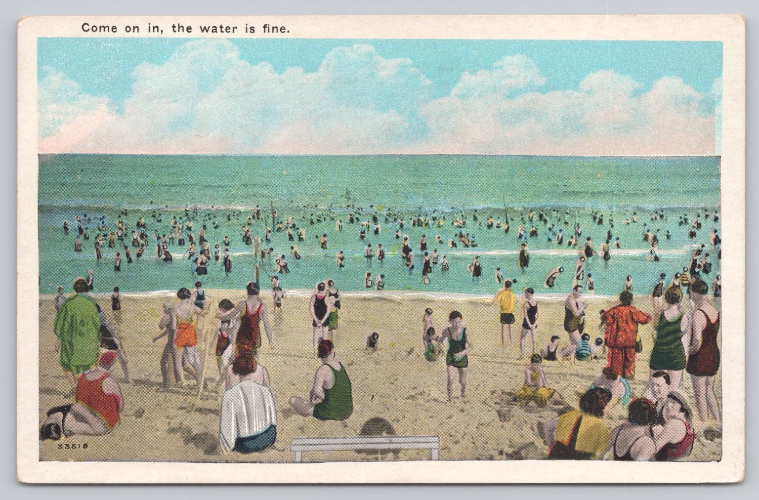 Vintage Linen Postcard Come On In The Water Is Fine Crowded Beach Bathers