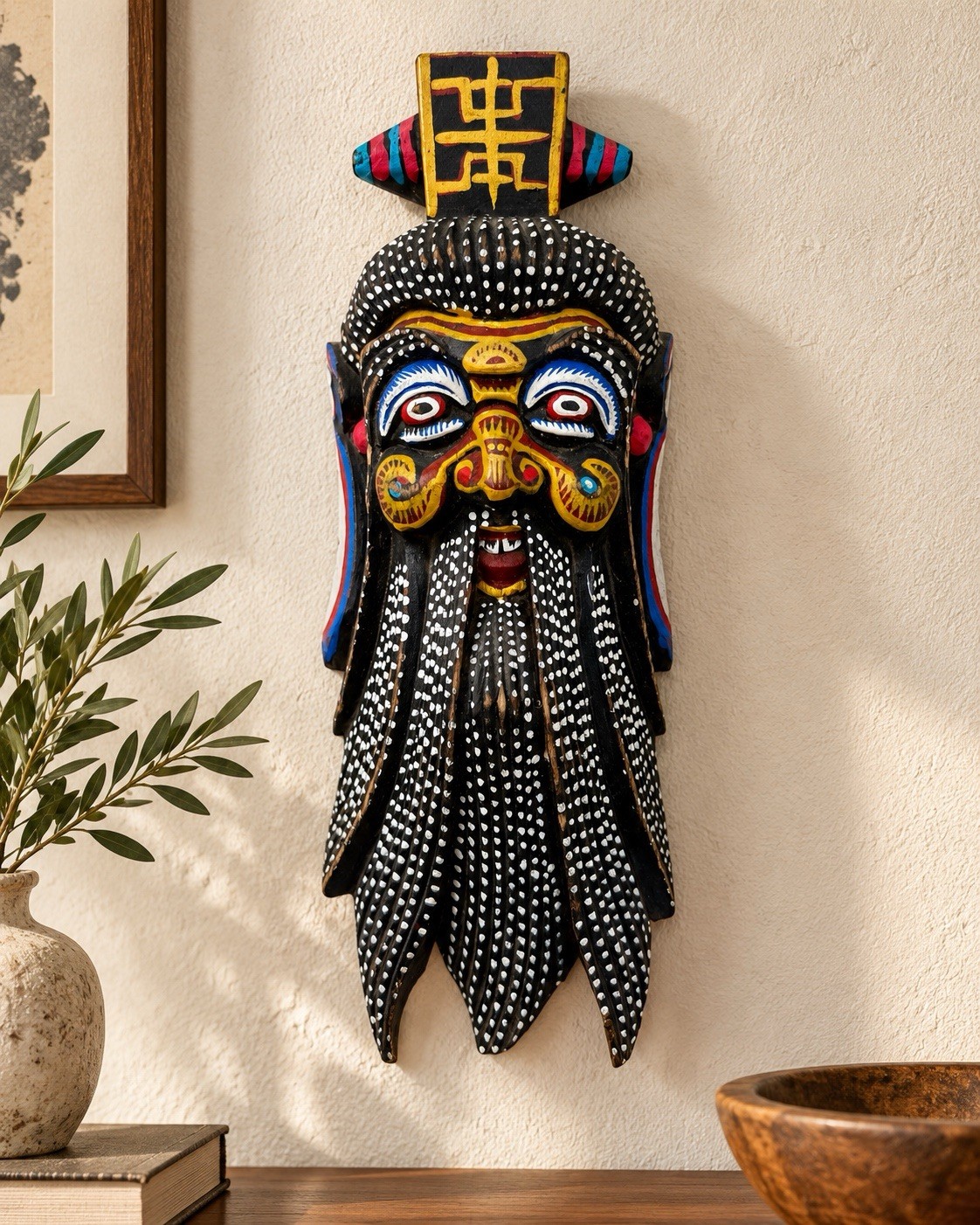 Vintage Chinese Nuo Style Hand Carved Painted Wood Mask Folk Art Wall Decor 12\