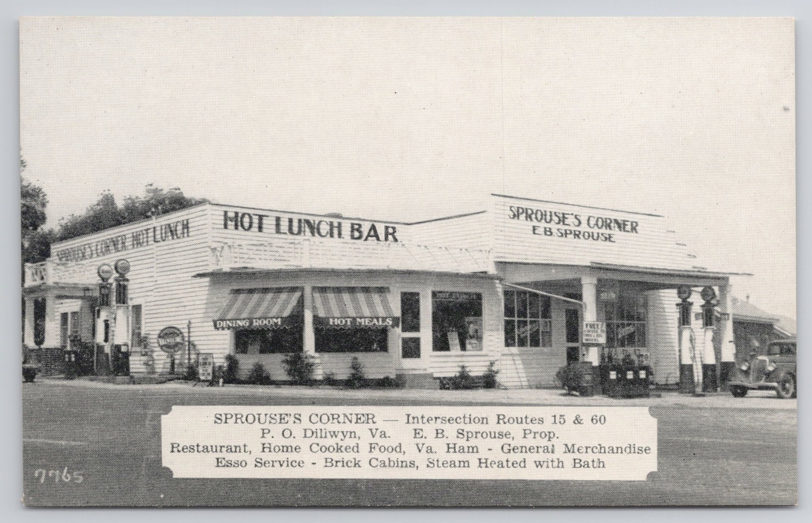 Sprouse\'s Corner Dillwyn Virginia VA Hot Lunch Bar Esso Gas Postcard a21953