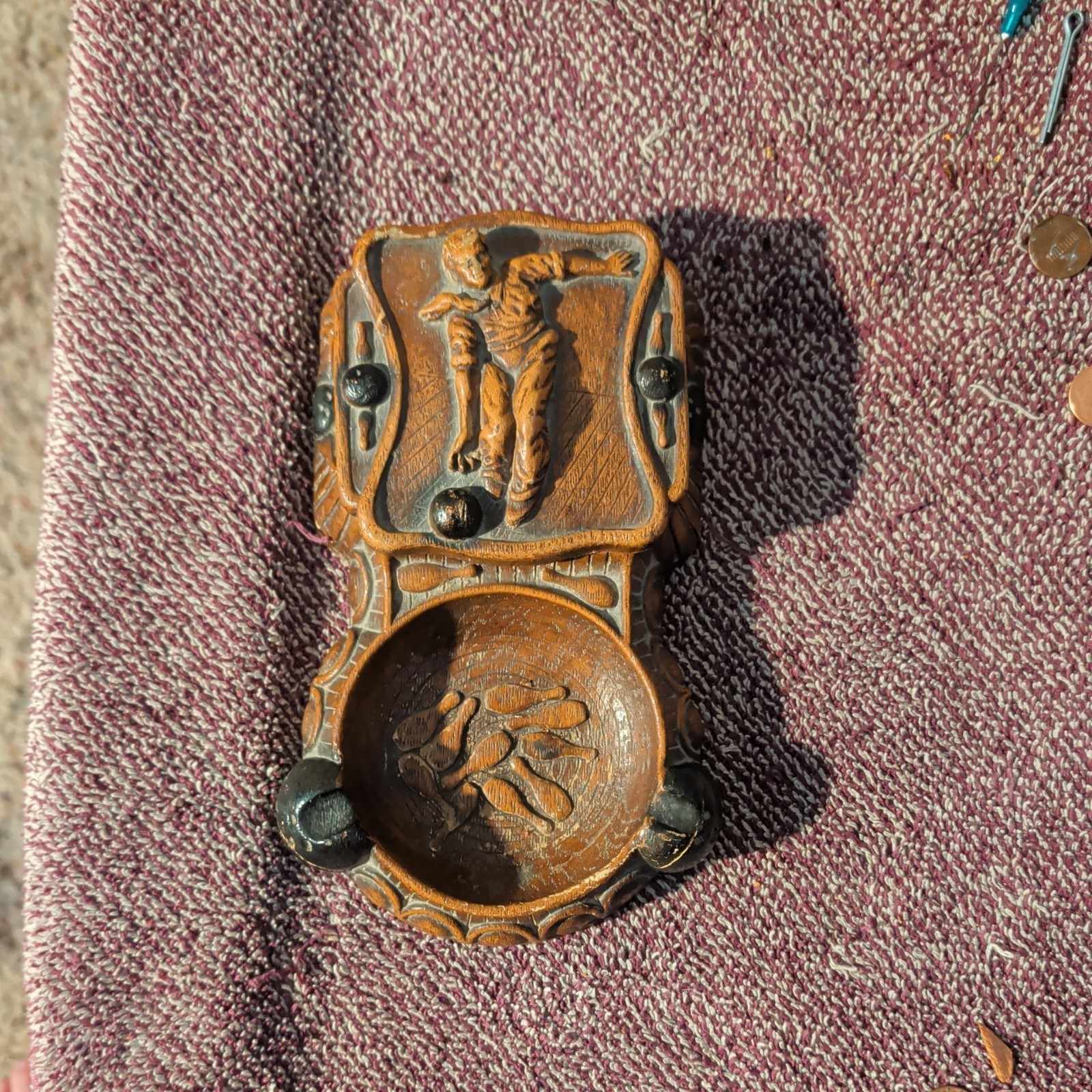 Vintage 1940s Syroco Bowling Ashtray Matchbox Holder Trinket Box Ash Tray Decor 