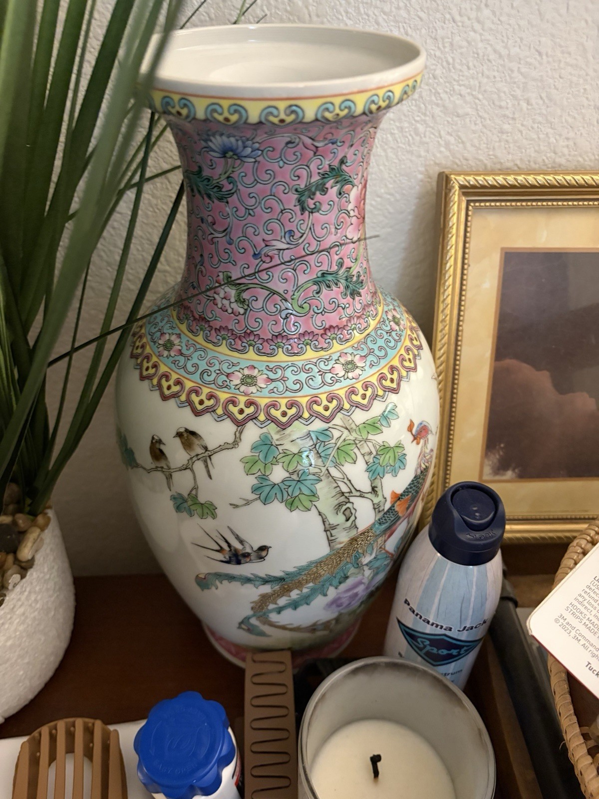 Chinese Porcelain Vase Floral & Bird Design Pink Neck Marked Chinese republic