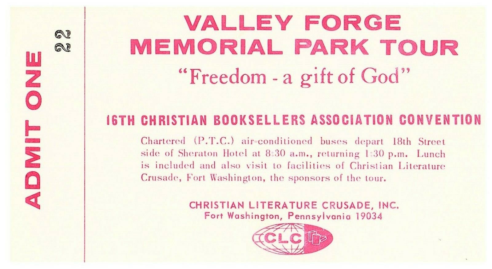 16th Christian Booksellers Assn Convention Valley Forge Admission Ticket 16th Christian Booksellers Assn Convention Valley Forge Admission Ticket