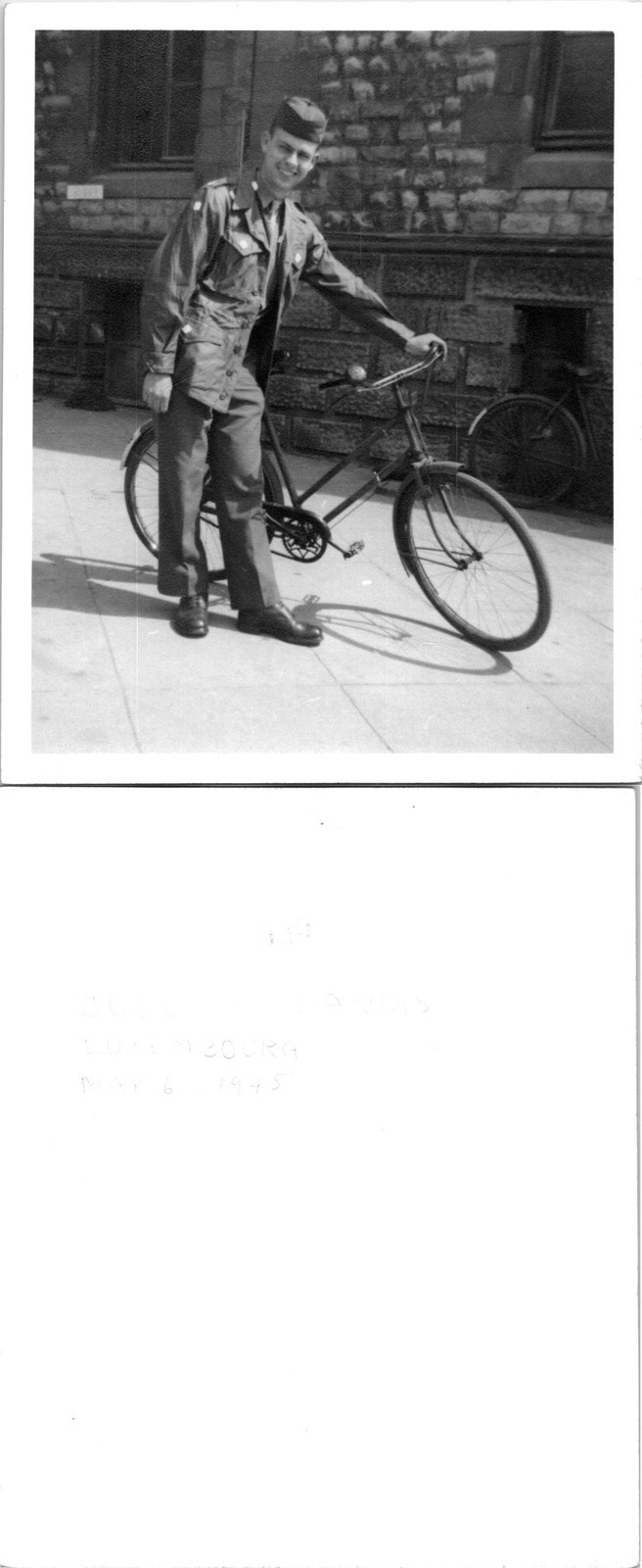 Joel P Dardis May 6, 1945 holding his bicycle, Luxembourg B+W Found Photo V2850
