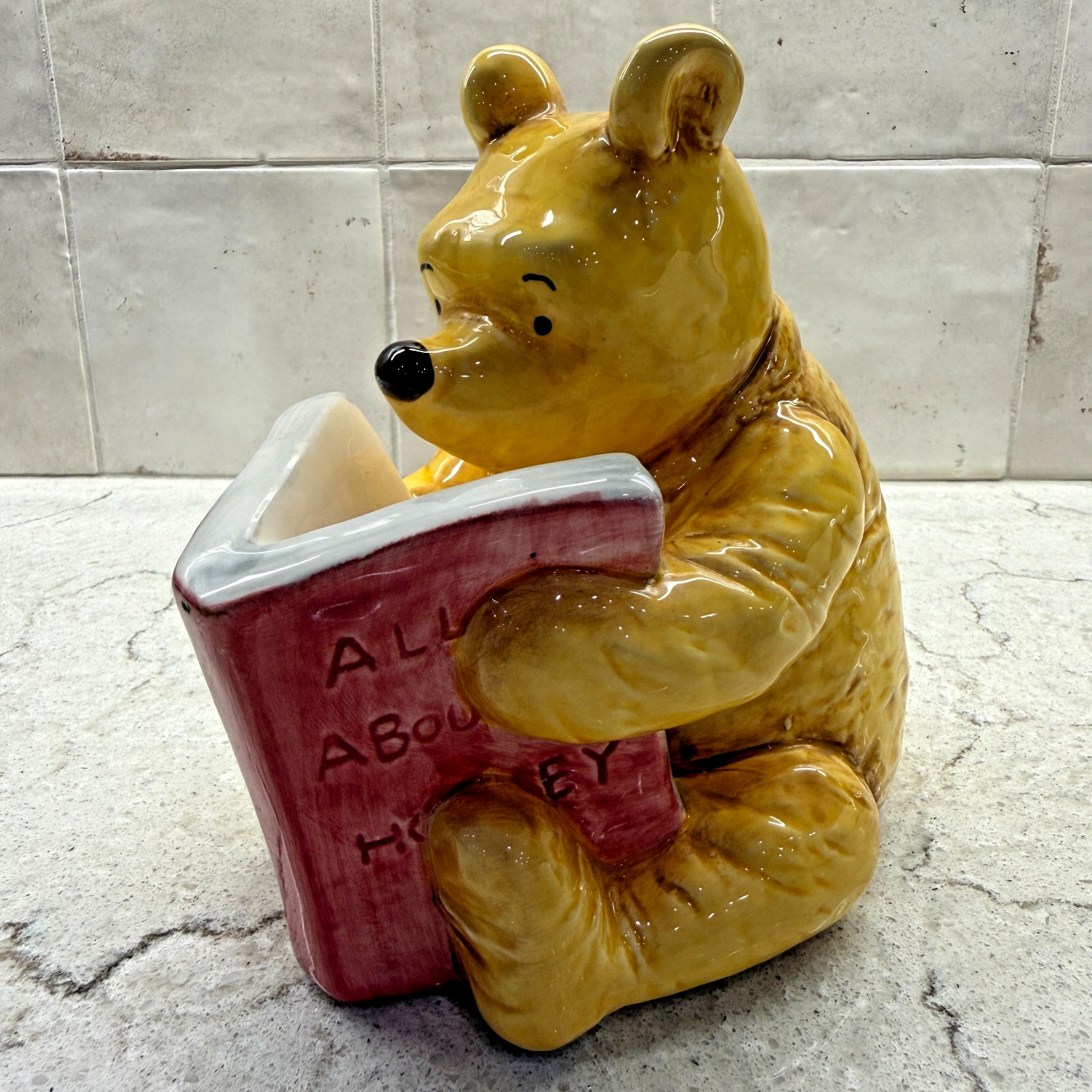 Vtg Disney Winnie The Pooh Bear Ceramic Coin Piggy Bank Reading Honey Book
