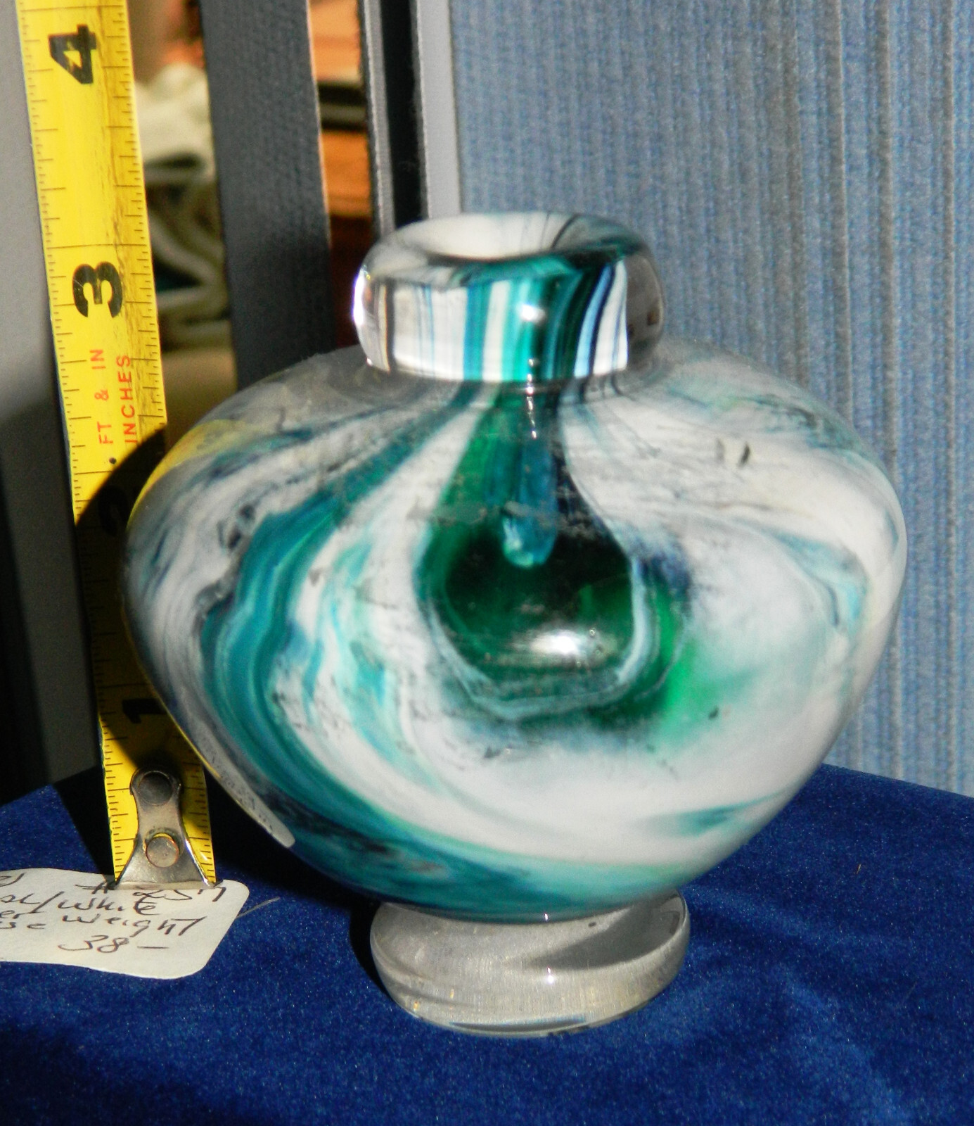 Vintage & Thick TEAL & WHITE Art Glass Paperweight Bud Vase