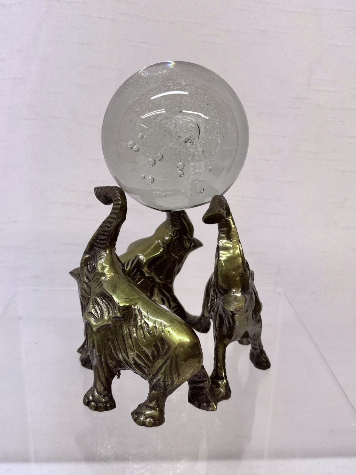  VTG Brass Elephant Trio figures Holding Glass Orb
