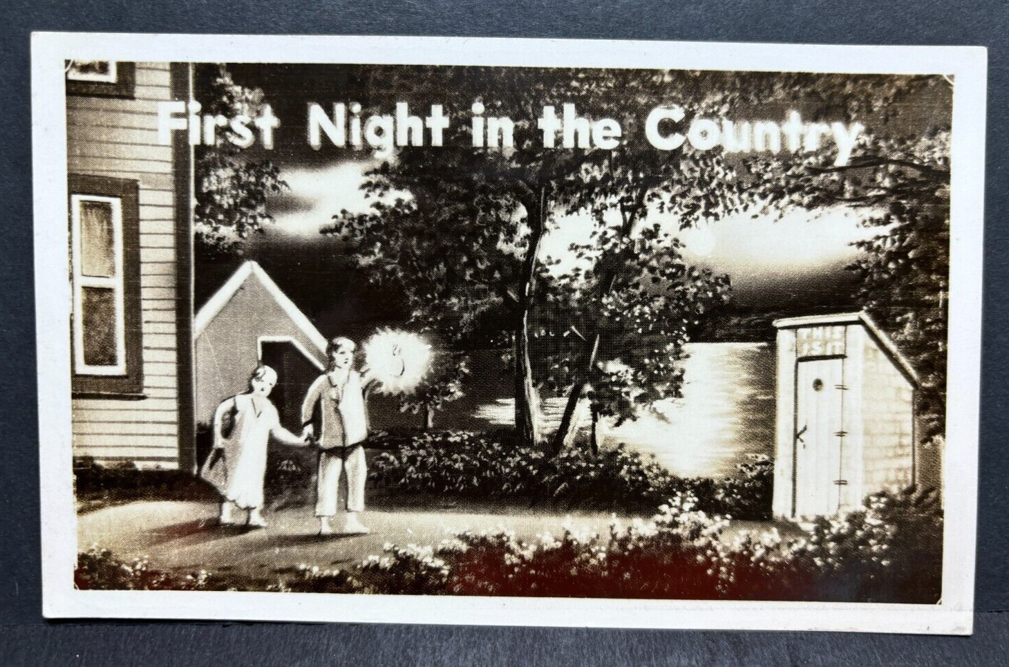 RPPC Postcard First Night In The Country Outhouse