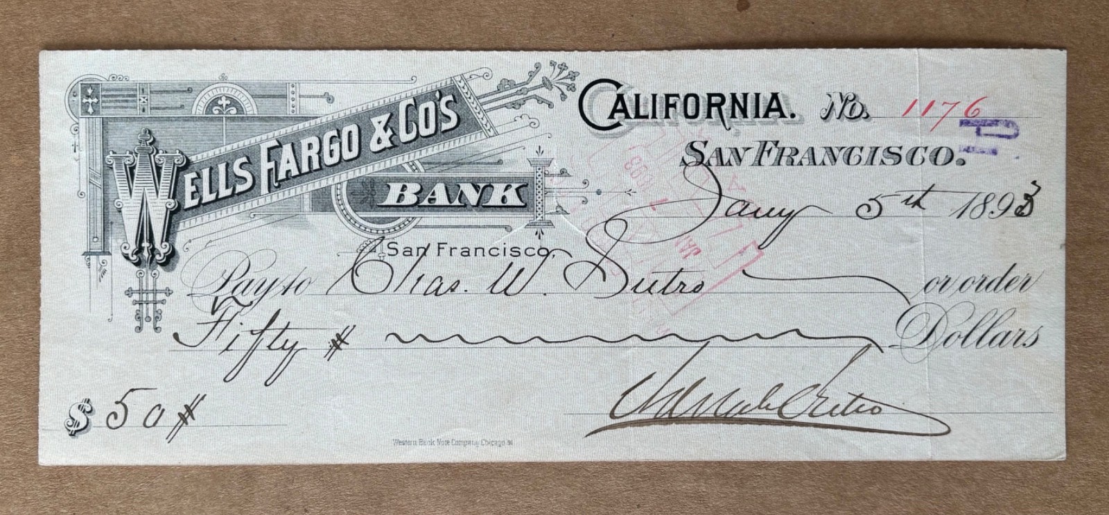 1893 Wells Fargo Check Signed Adolph Sutro to Son Charles W Sutro Virginia City 1893 Wells Fargo Check Signed Adolph Sutro to Son Charles W Sutro Virginia City