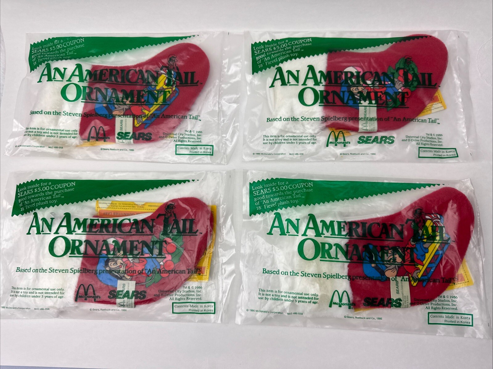 Lot of 4 McDonalds Sears An American Tail Christmas Zip Stocking Ornament 1986