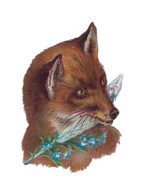 1888 Chromo decoupis, GLOSSY VICTORIAN FOX FLOWERS, Antique Die-Cut Scrap, 2.5\ 1888 Chromo decoupis, GLOSSY VICTORIAN FOX FLOWERS, Antique Die-Cut Scrap, 2.5\