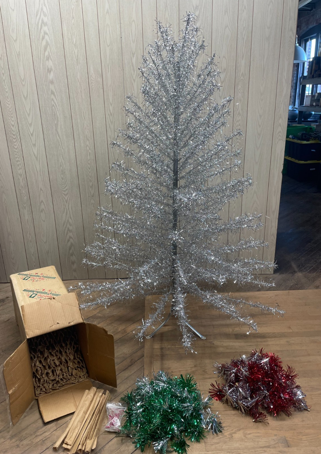 Carey McFall Aluminum Taper Christmas Tree 7' 154 Branch w/ Red & Green Pom Pons
