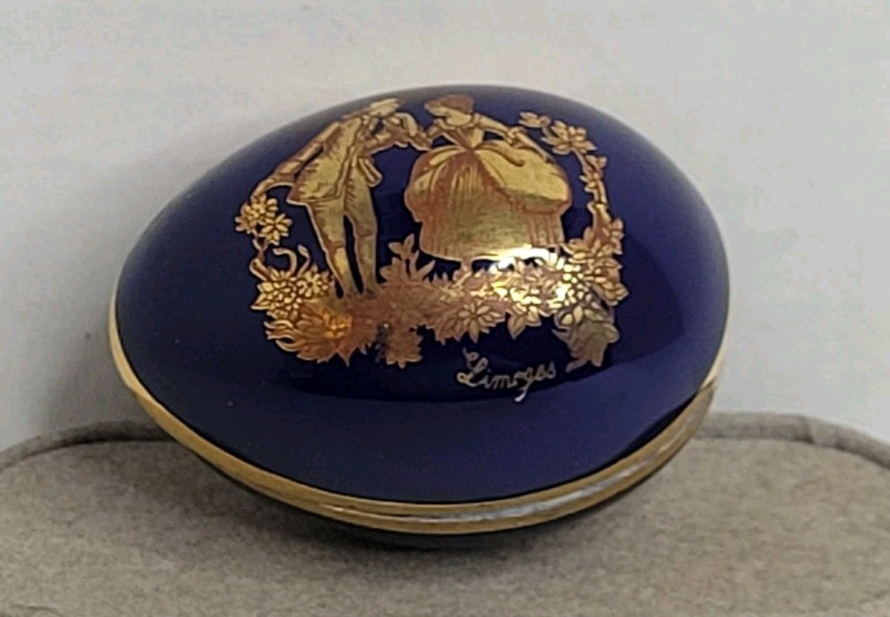 Limoges Castel France Cobalt Blue & Gold Porcelain Egg Trinket Box Floral