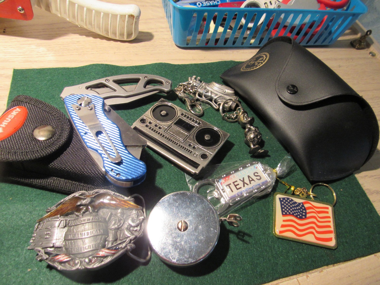 Junk Drawer lot of items, Ray ban case, Gerber & Husky Knives, keychains etc.