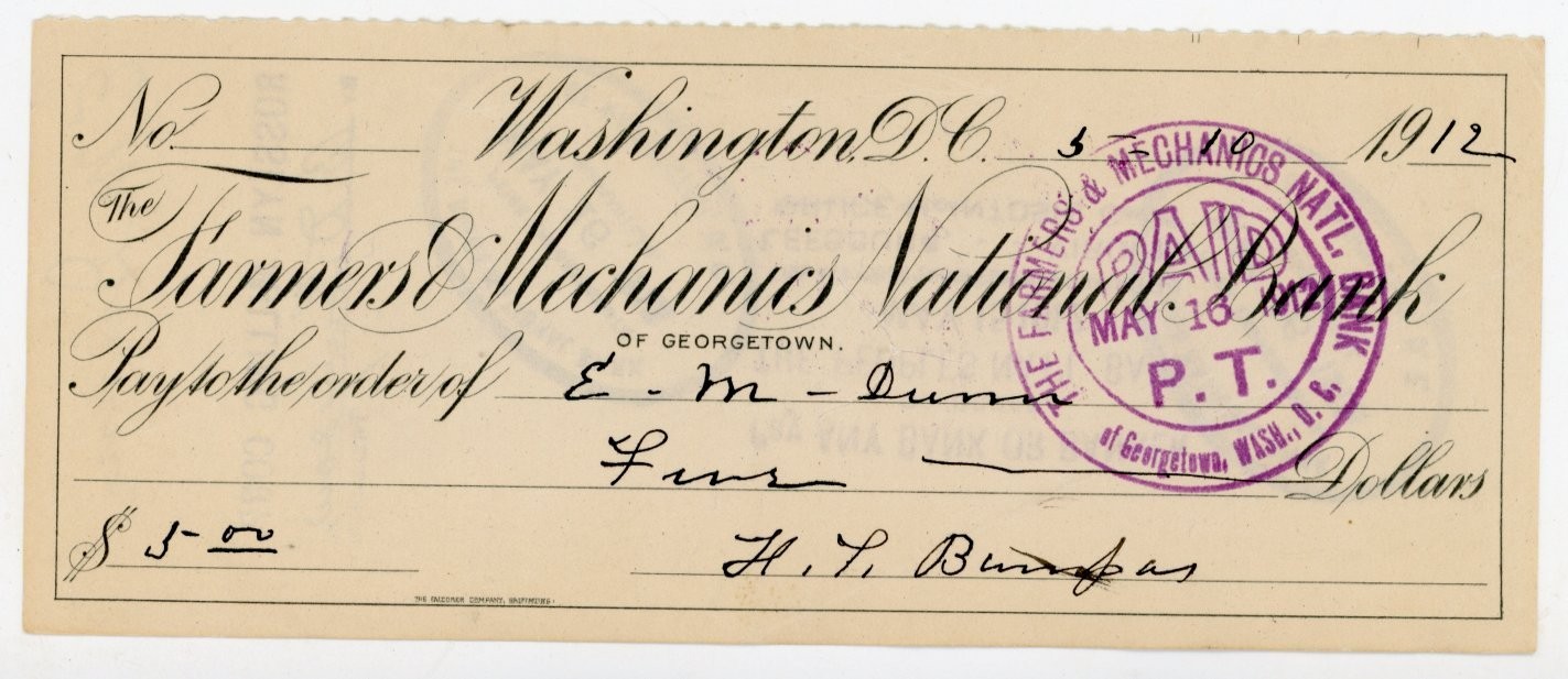 1912 Washington DC Check Farmers Mechanics National Bank Georgetown H. L. Bumpus