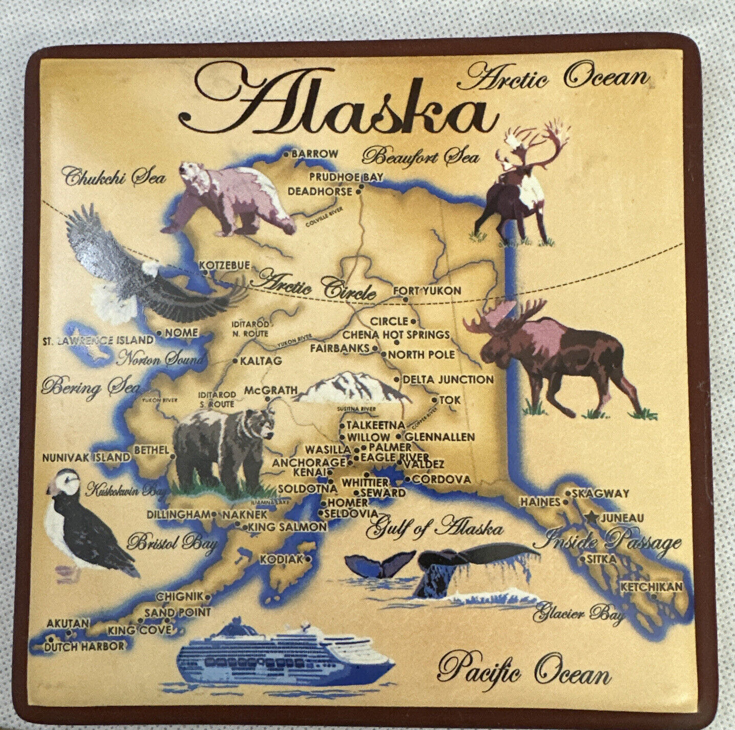Vtg Alaska Souvenir State Map Wildlife Tile Trivet Hot Plate Wall Plaque 6.25\