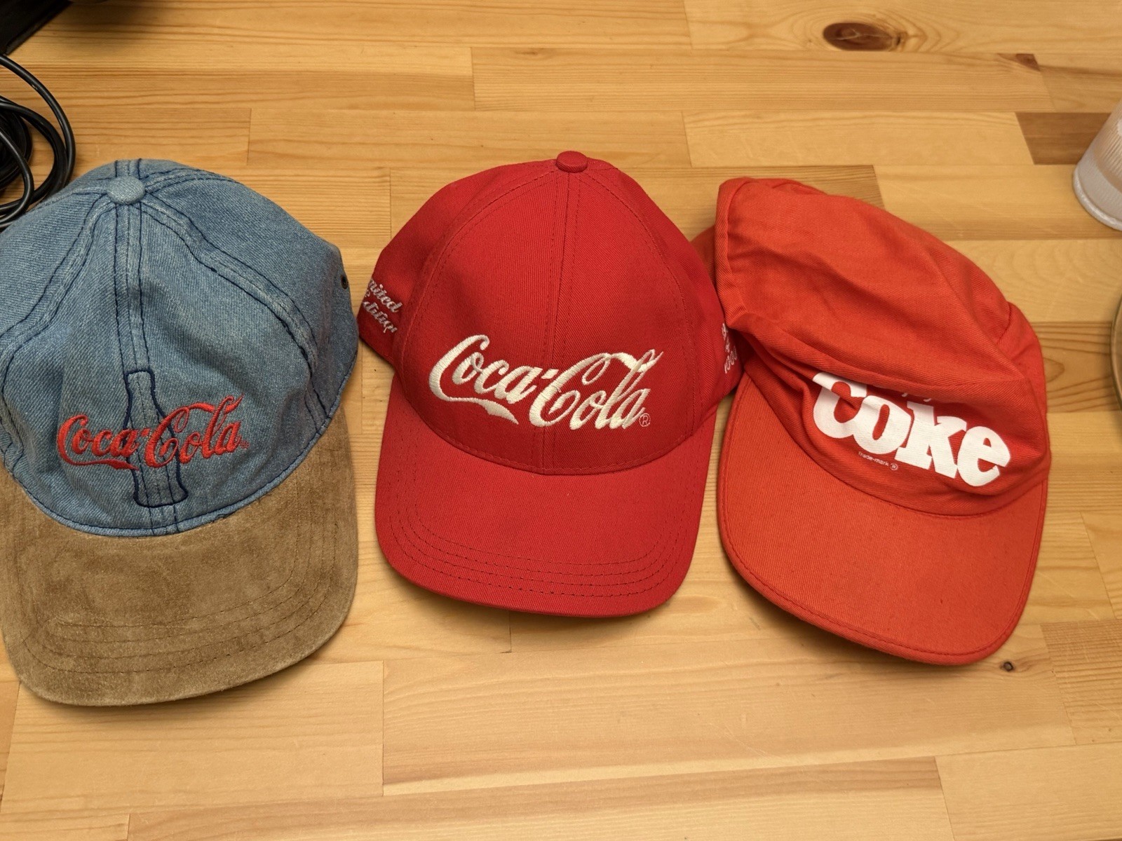 LOT 3 VINTAGE COCA COLA BASEBALL HATS LIMITED EDITION DENIM w/LEATHER STRAP