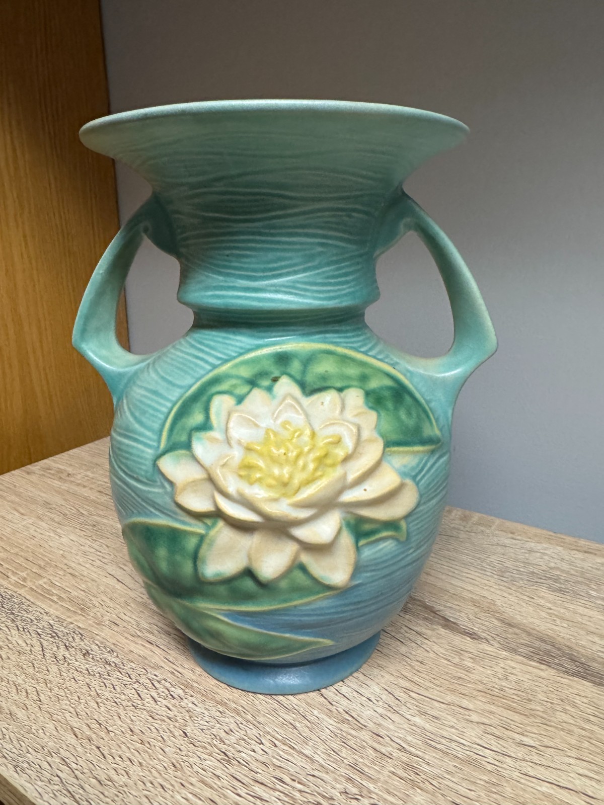 Vintage Roseville Pottery “Water Lily” Vase – Shape 79-9 – Aqua Glaze – 9”