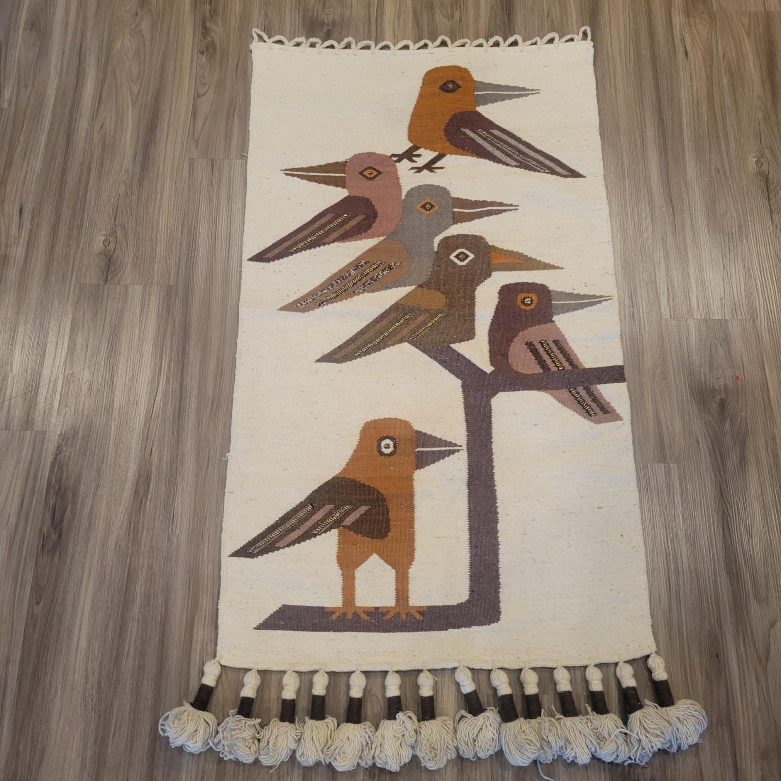 VTG Olga Fisch Folklore Embroidery Quito Ecuador 52x27 Wall Tapestry Woven Bird