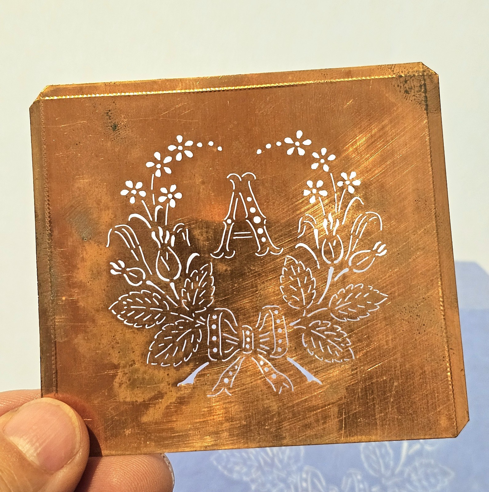 Antique Copper Monogram Stencil Letter A – Ornate Alphabet Plate c.1880–1920 A1