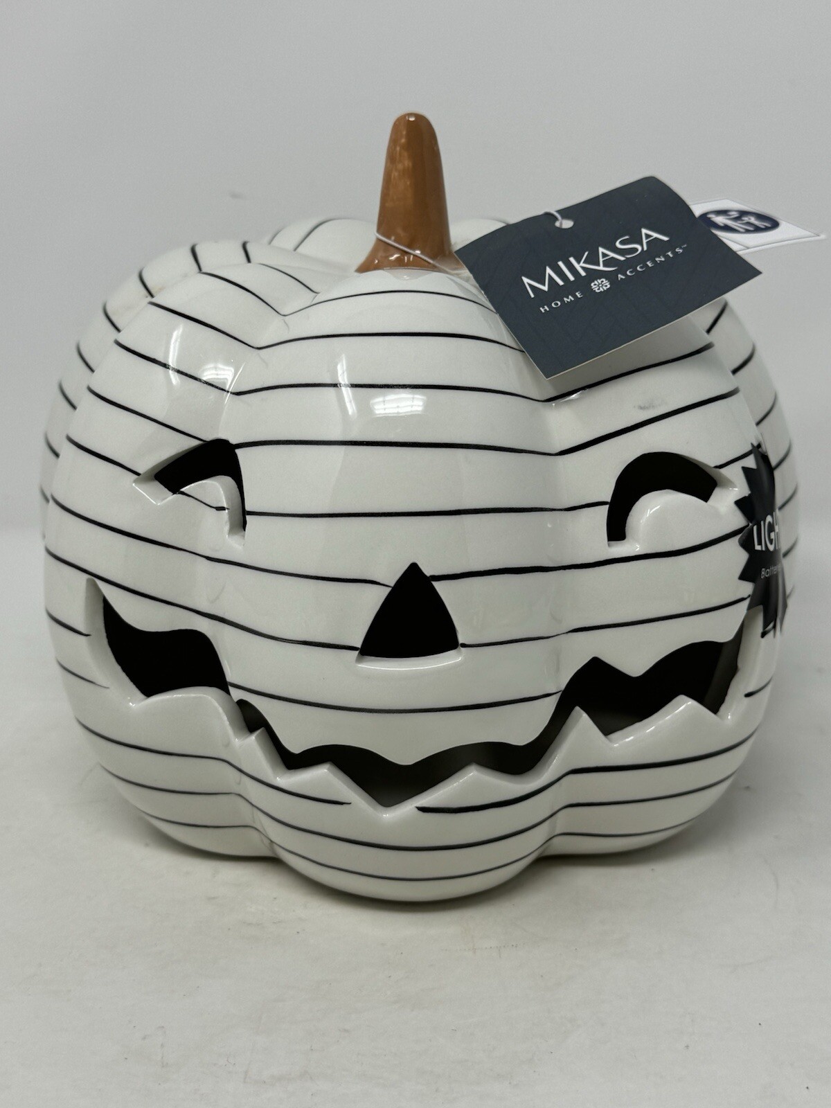 Halloween Mikasa home accents 8” black/white Pumpkin Lights Up fall coffee bar