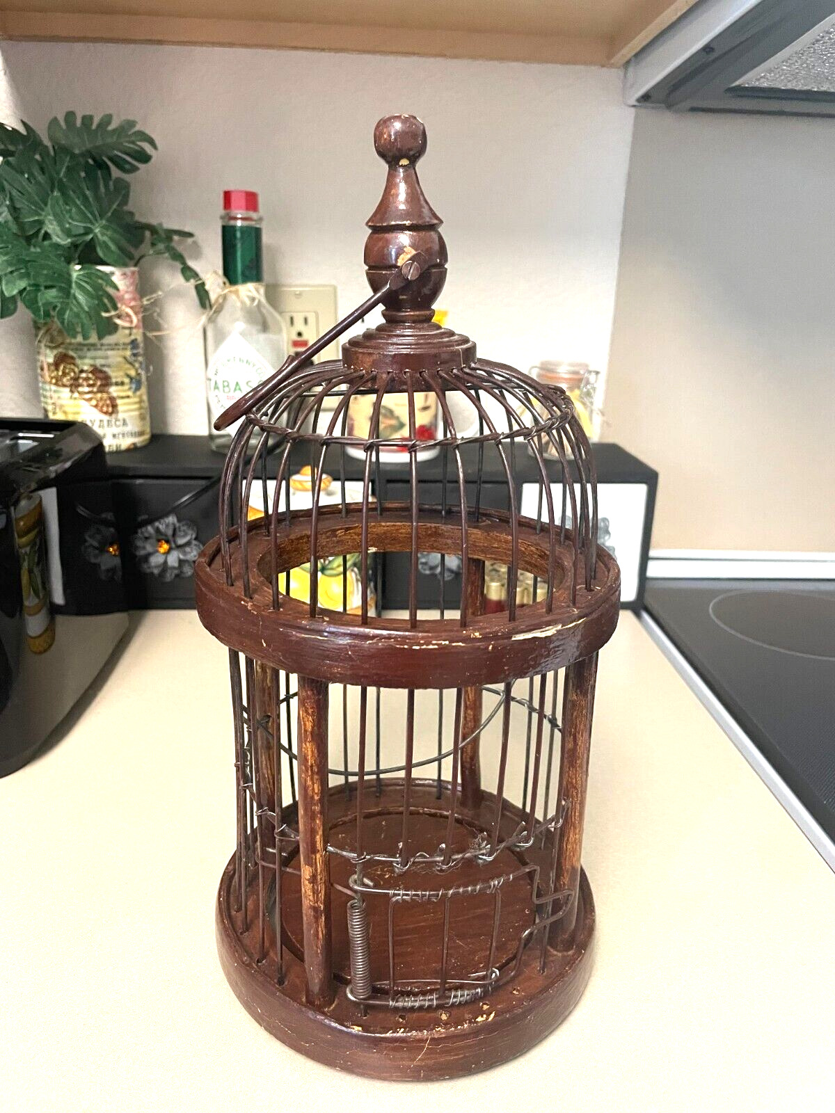 Vintage Wood & Metal Wire Domed Bird Cage With Swing 12” Round W/Hook