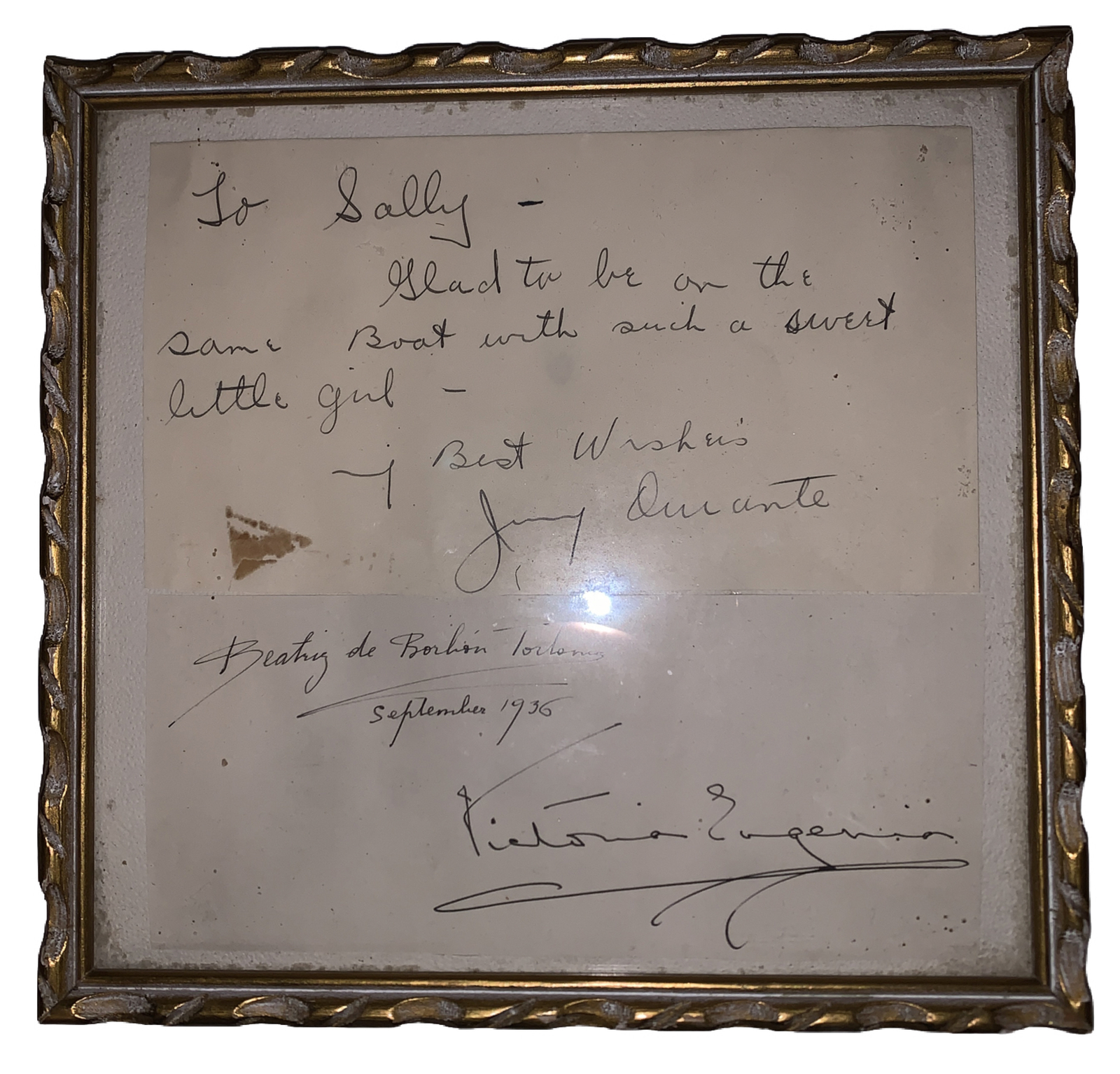 3 AUTOGRAPHS, VICTORIA EUGENIE (QUEEN OF SPAIN), BEATRIZ, JIMMY DURANTE, ROYALTY