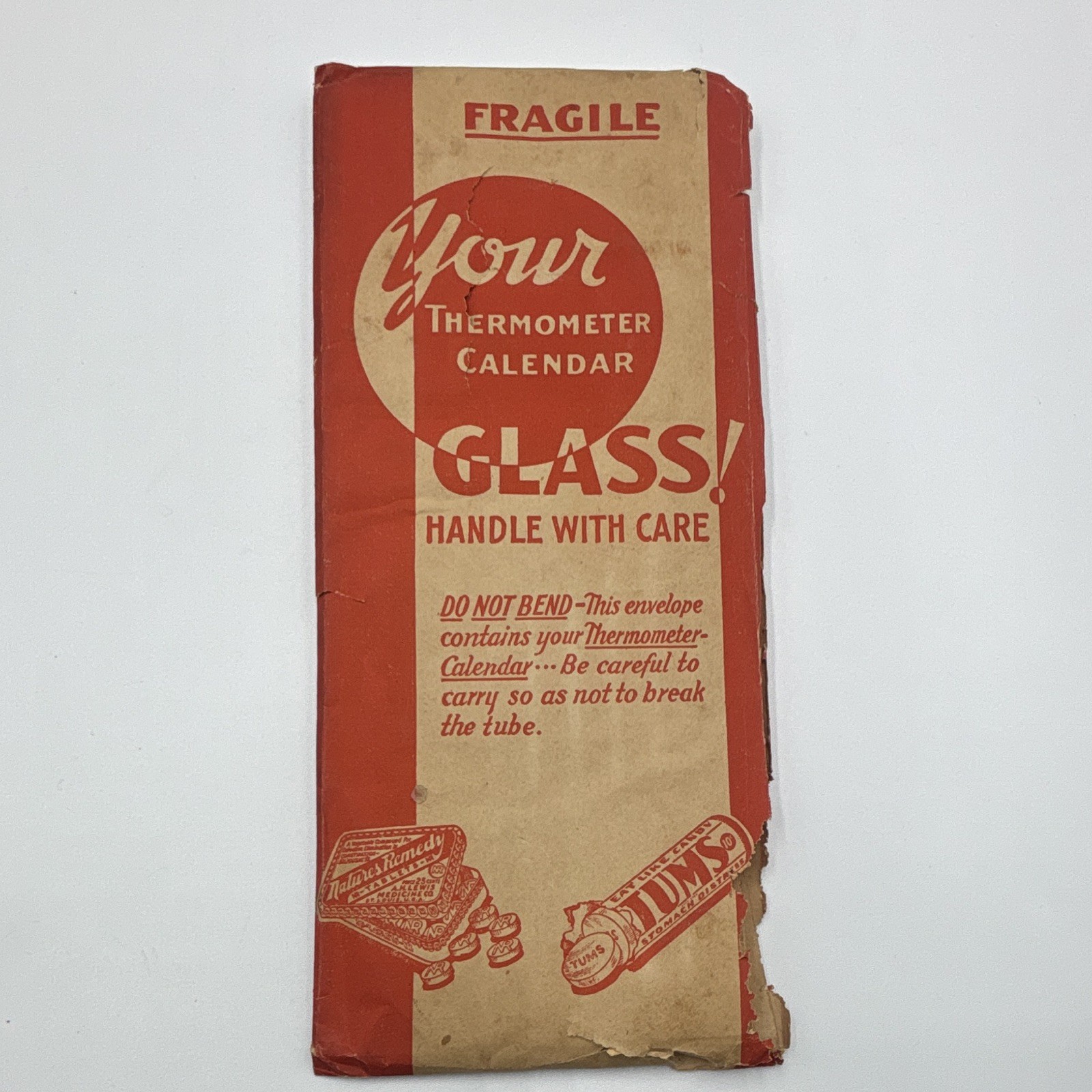 Tums Vintage 1940 Advertising Thermometer Calendar Fragile Glass Envelope