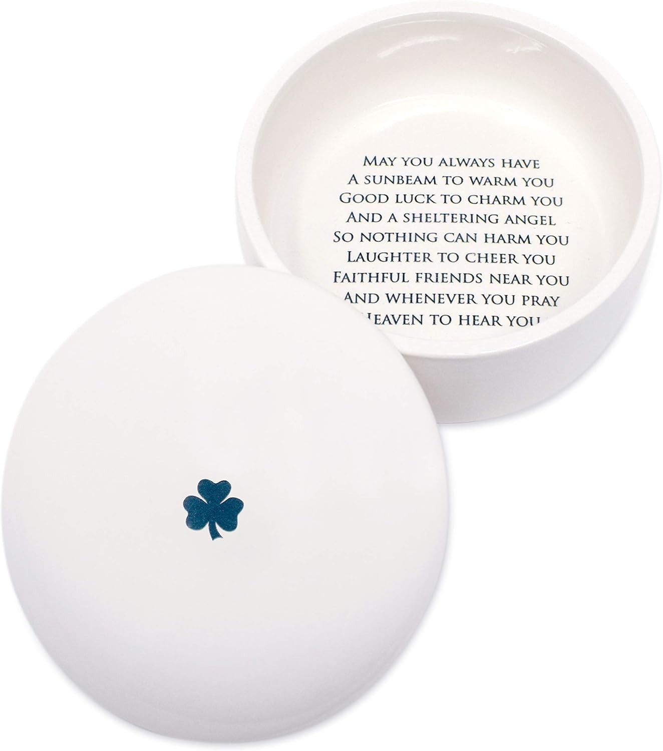Ceramic Keepsake Box By Susabella, Irish Blessing, Round, Shamrock in Green