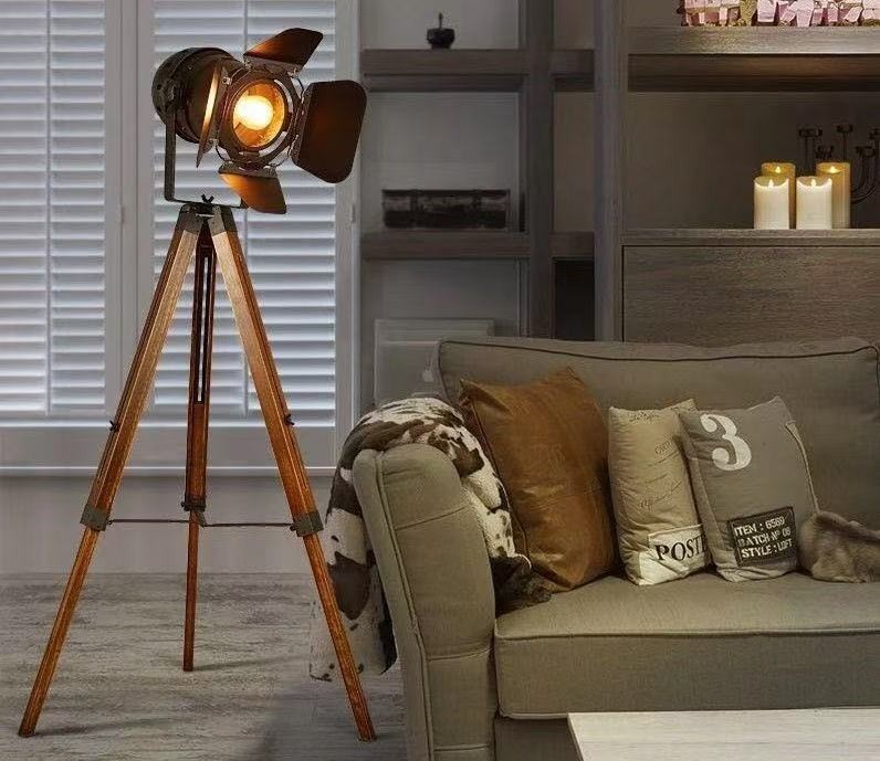 Vintage Industrial Tripod Floor Lamp - Nautical Cinema Spotlight Decor