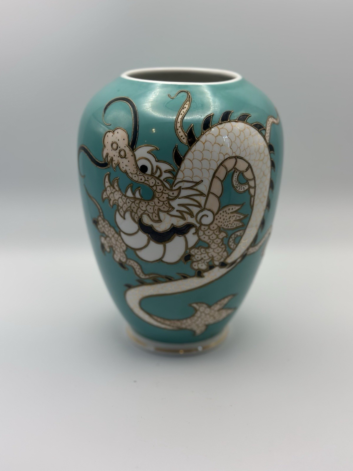 Vintage Schaubach Kunst Germany Dragon Vase Turquoise Gold Relief Porcelain 6.5”