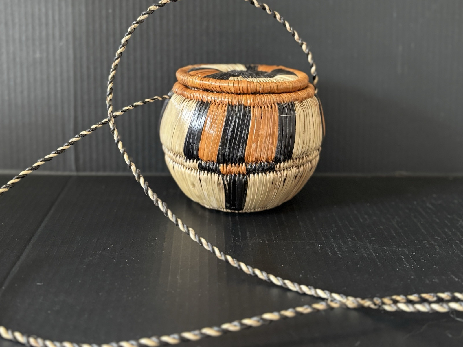 Vintage Zambian Lidded Basket With Strap, Zambia Africa c 1970 6” Vintage Zambian Lidded Basket With Strap, Zambia Africa c 1970 6”