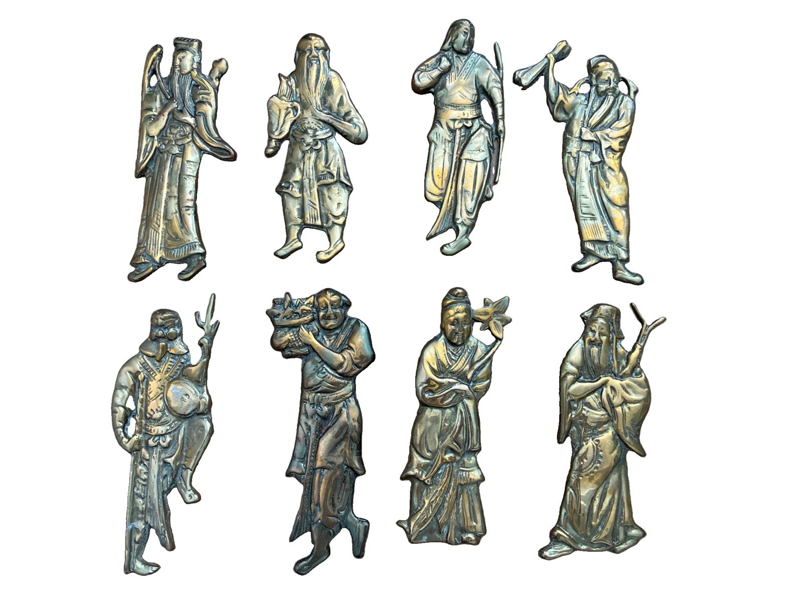 Vintage Chinese Solid Brass Eight Immortals Wall Plaques Complete 8 Piece Set