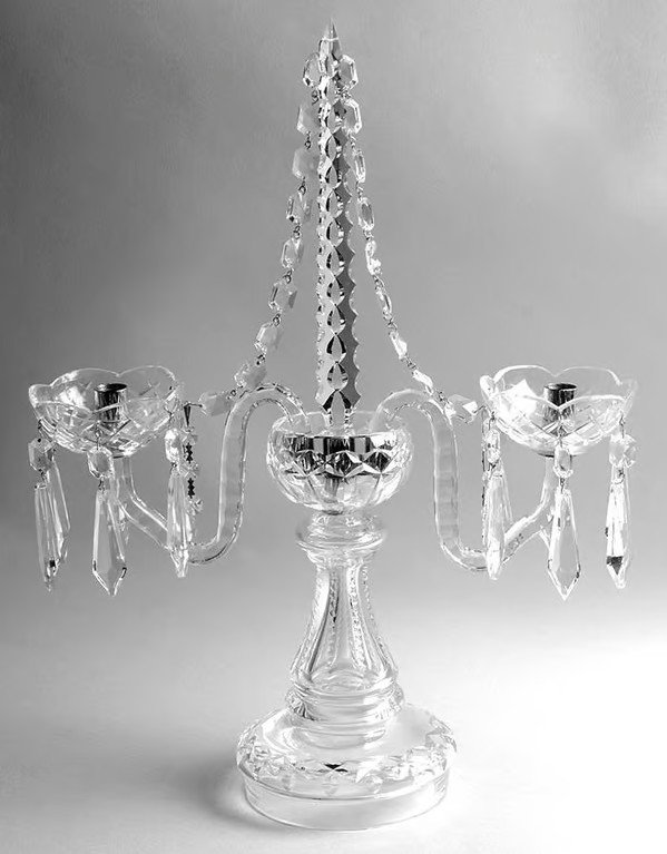 WATERFORD  CANDELABRA w SPIRE, CHAIN, DOUBLE BOBECHE and 12 PRISMS, 21