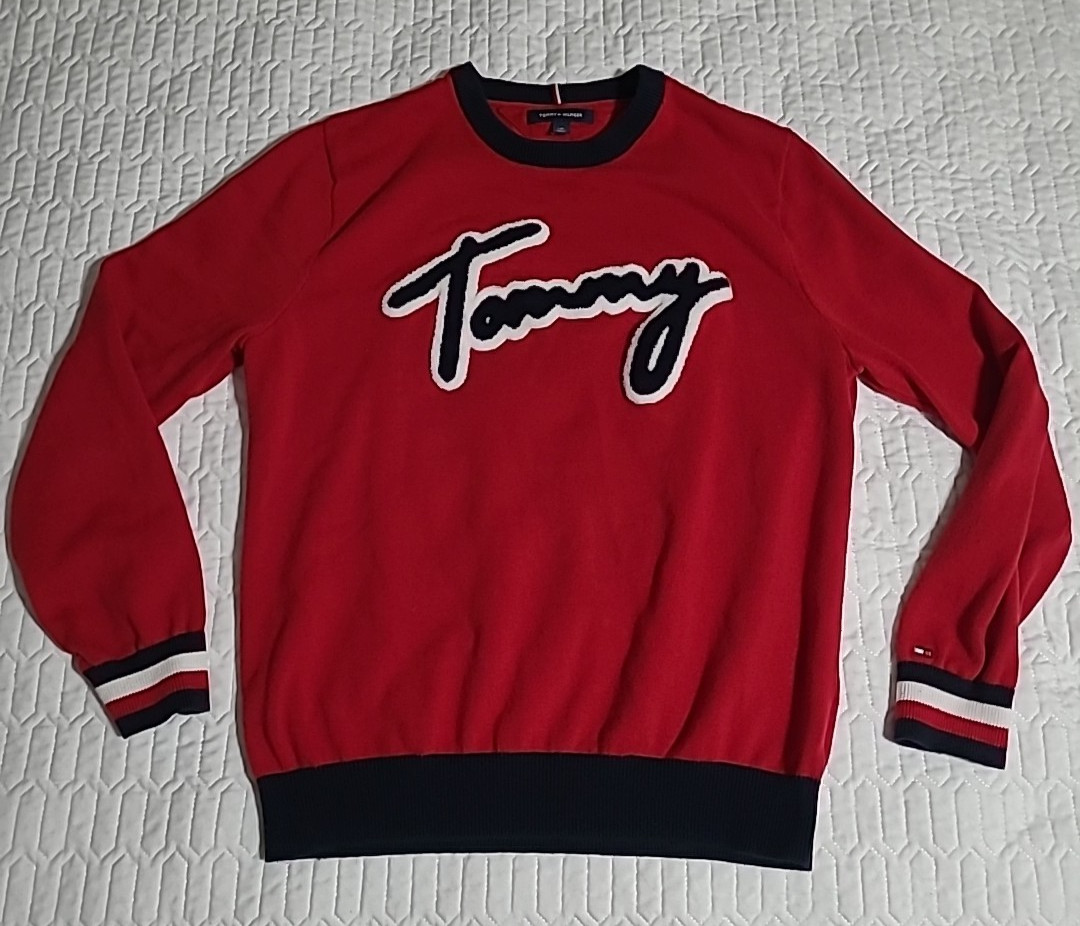 Tommy Hilfiger Mens L Large Sweater Red Embroidered Tommy Logo Pullover Vintage