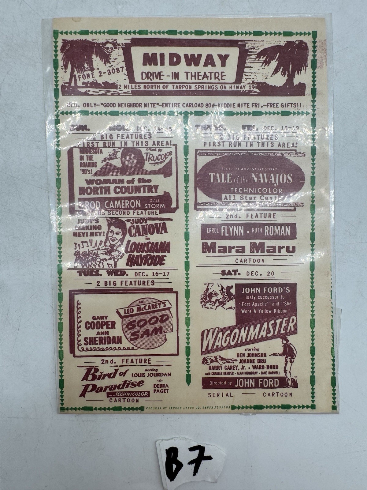 Midway Drive-In Theatre December Schedule Handbill Tarpon Springs Florida Midway Drive-In Theatre December Schedule Handbill Tarpon Springs Florida