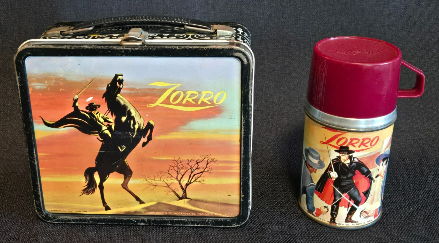 Vintage 1958 Aladdin Disney Zorro Walt Disney Lunch Box With RED Thermos
