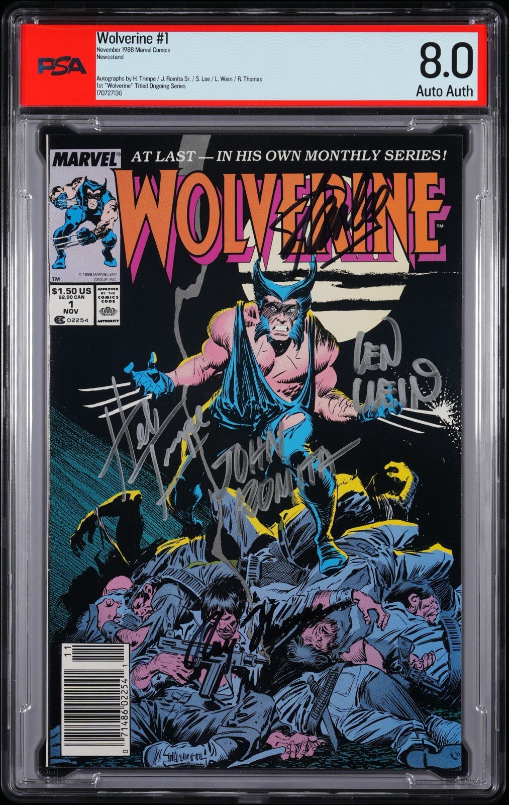 WOLVERINE # 1 (1988) SIGNED STAN LEE ROMITA WEIN THOMAS TRIMPE NEWSSTAND PSA 8.0